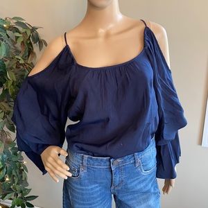 Wayf Navy Blue Cold Shoulder Ruffle Sleeve Blouse Size Medium